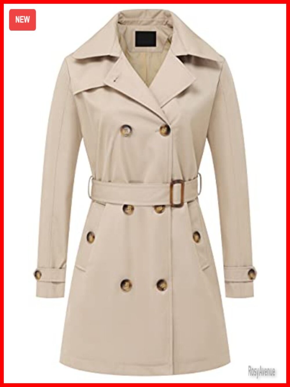 Womens Double Breasted Trench Coat Mid-Length Belted Overcoat Detachable Hood